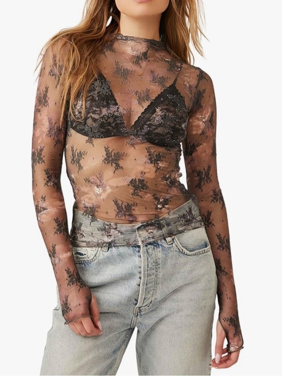 Free People Tops - Free People Lady Lux Layering Sheer Black Floral Mesh Long-Sleeve Top M